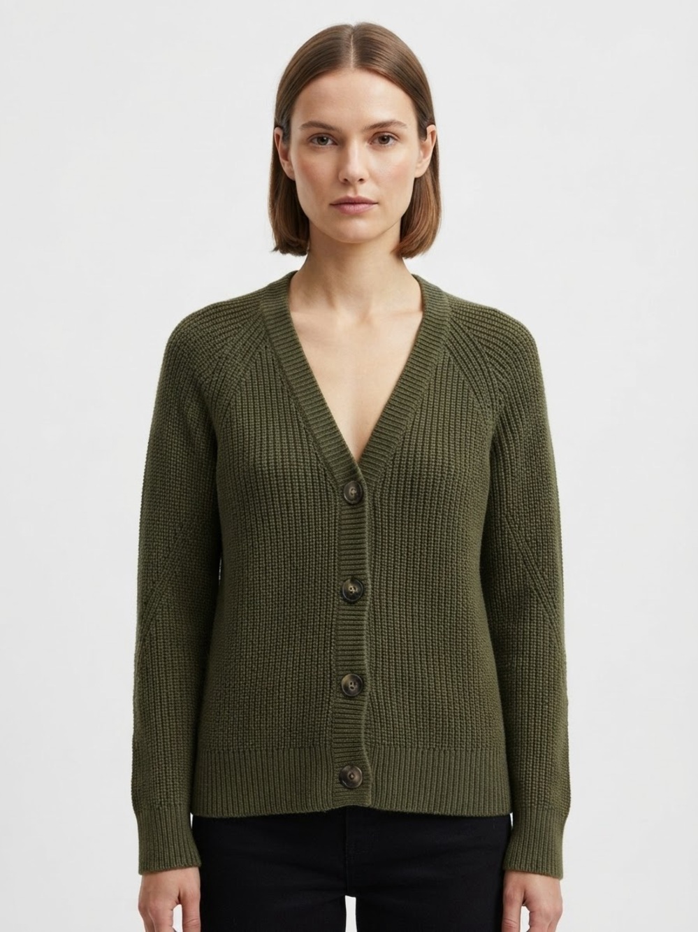 Rachel Roy Olive Green Shaker-Knit Cotton Button Up Cardigan Size Medium